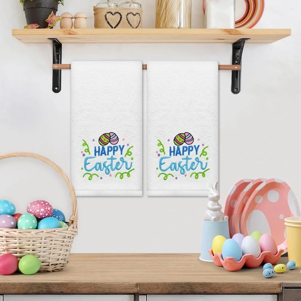Happy Easter Embroidered White Hand Towels Set of 2